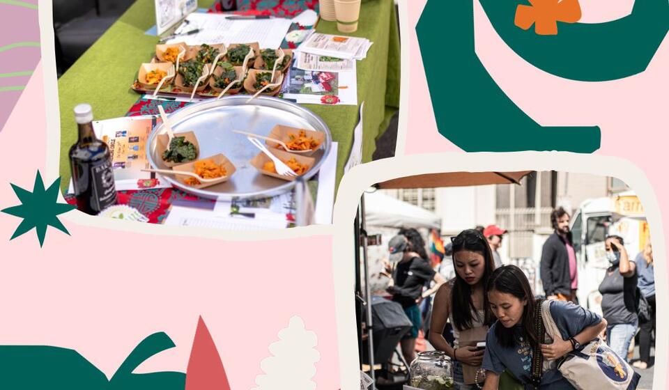 Pink graphic of food collection and people standing around a table