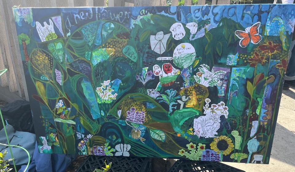 Mural of green flowers, plants, and butterflies